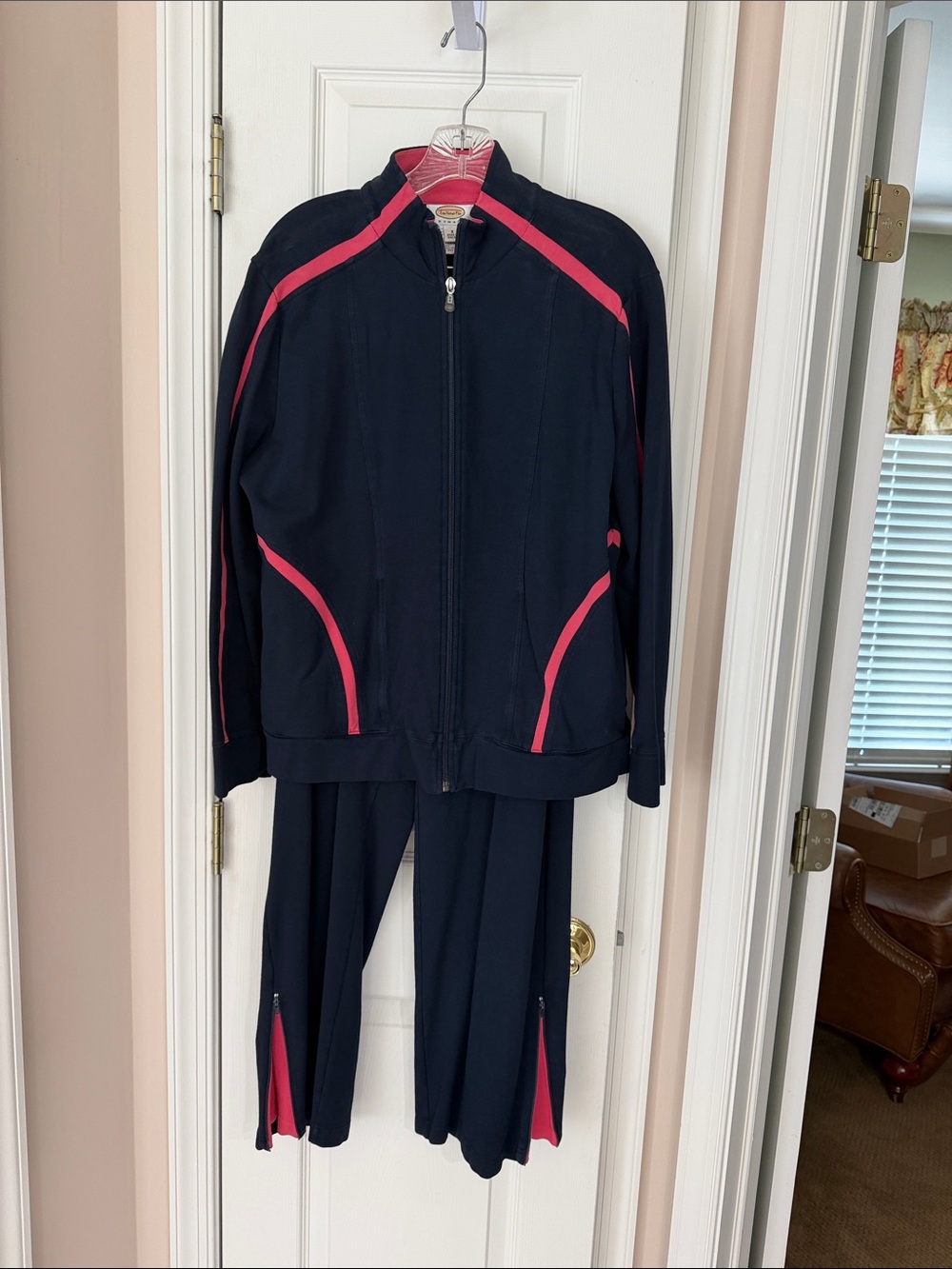 Talbots Navy and Pink Zip-Front Athleisure Jacket and Pants Set, 1X